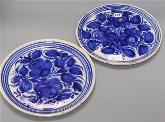 A pair of Continental tinglaze pottery dishes diameter 32cm